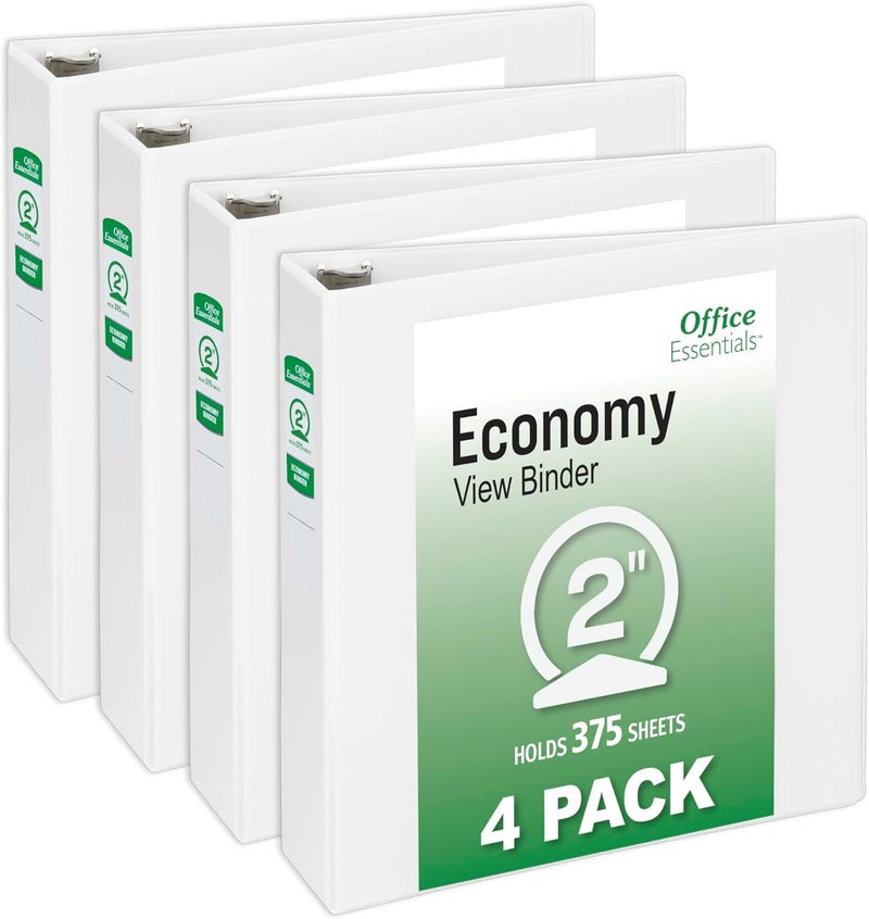 Office Essentials Economy View 3 Ring Binders, 2" Round Rings, 2.8" Spine, 375-Sheet Capacity, White Binders (4-Pack of 03146) - Image 1